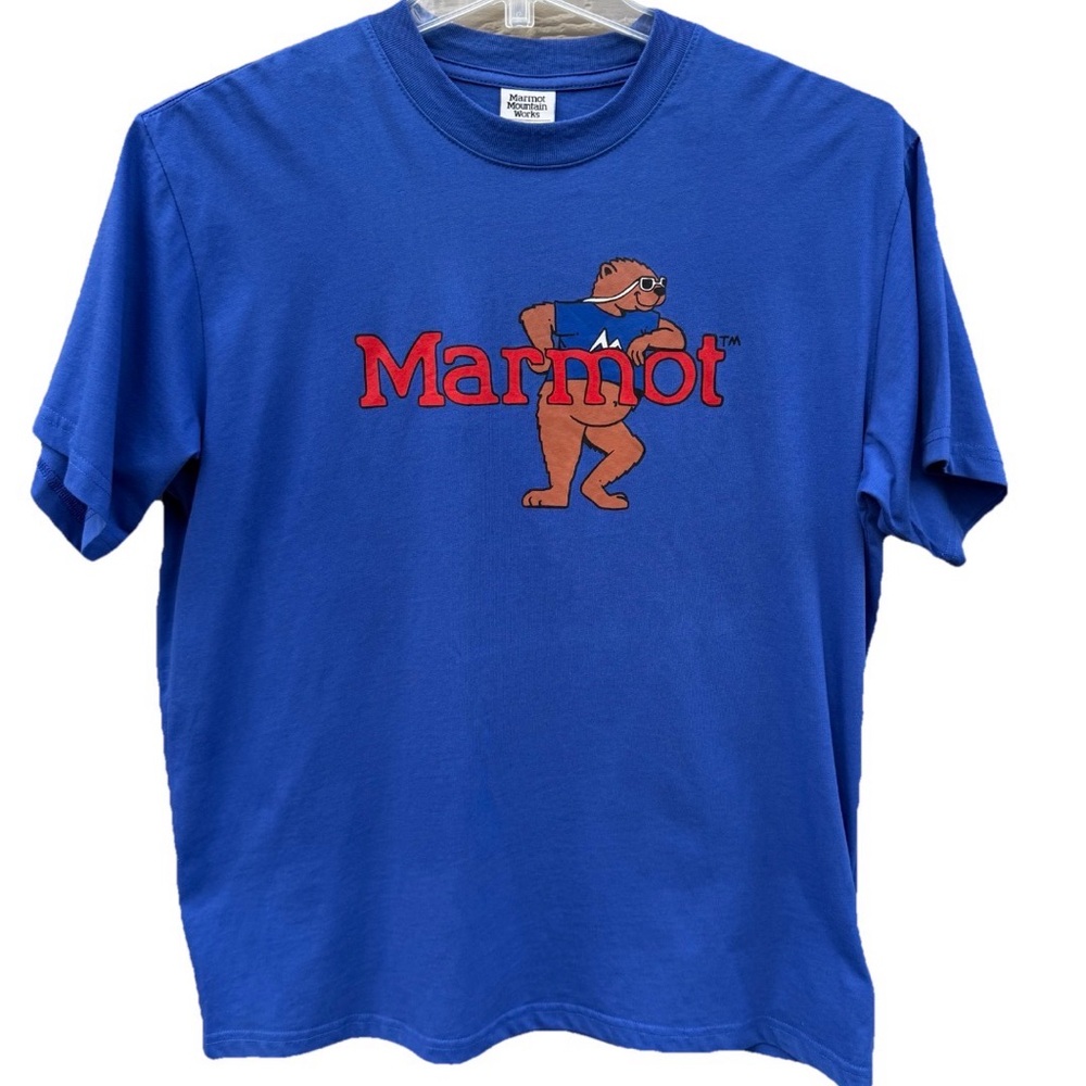 Marmot Mountain Works Leaning Marty Bear Graphic T Shirt Mens Large Blue Fun Tee